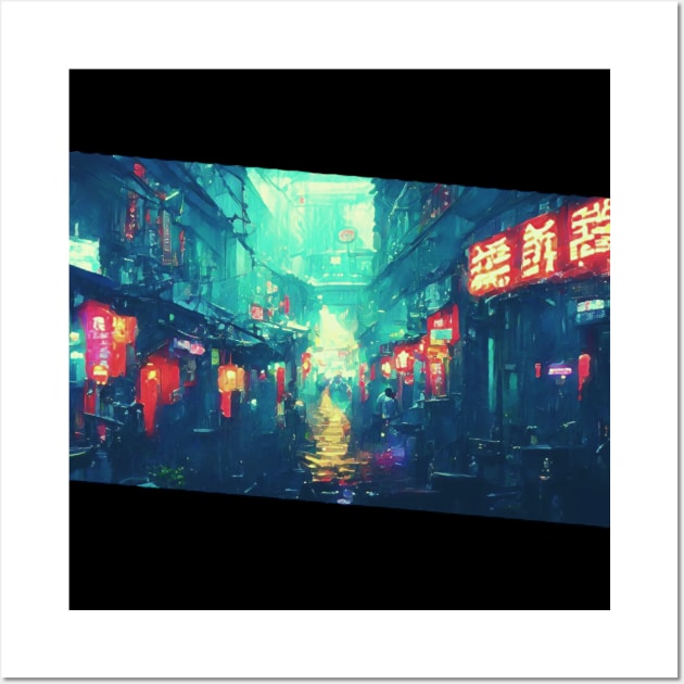 Cyberpunk Neon Rain City Wall Art by FabDesign